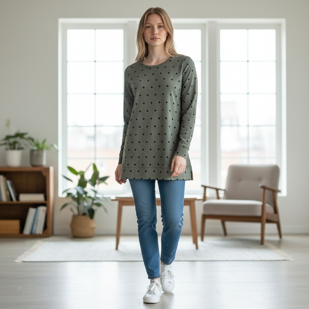 Croft & Barrow Womens Olive Green Polka Dot Long Sleeve Tunic‎ Top M